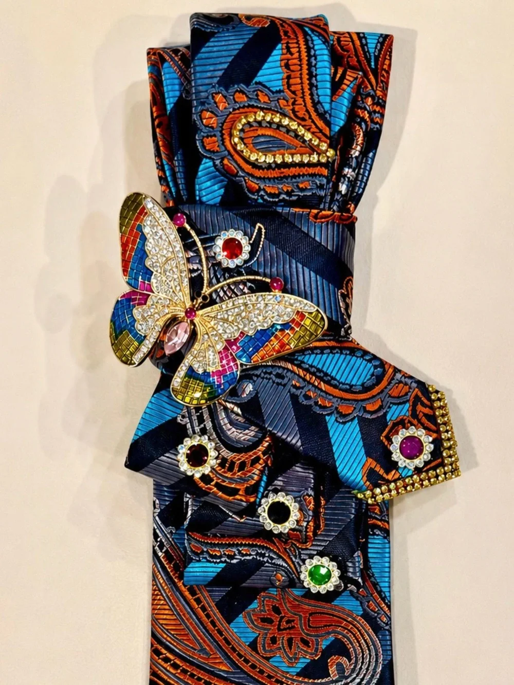 Multicolor Paisley TIE NECKLACE with Rhinestone Butterfly and Gold Accents